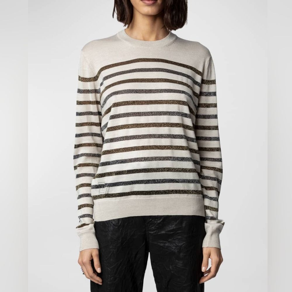 Zadig & Voltaire Cream Sweater with Metallic Brown and Black Stripes